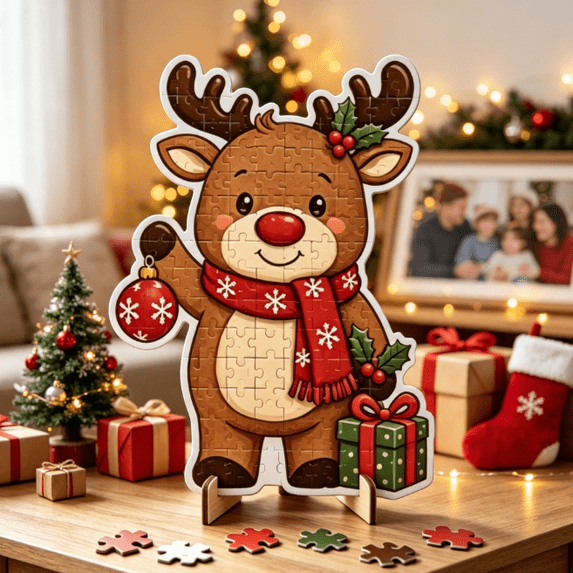 Reindeer Wooden Jigsaw Puzzle for Adults, Colorful Holiday Puzzle (8.2x8.2 Inch) for Anniversary Birthday Gift