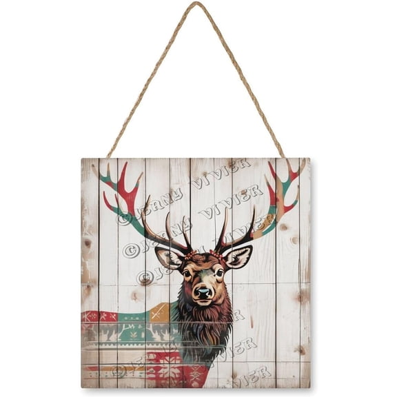 Reindeer Wooden Sign Deer Hanging Wood Plaques Christmas Sign Christmas Wooden Door Hanger for Front Door Home Rustic Farmhouse Decor 12x12 Inch