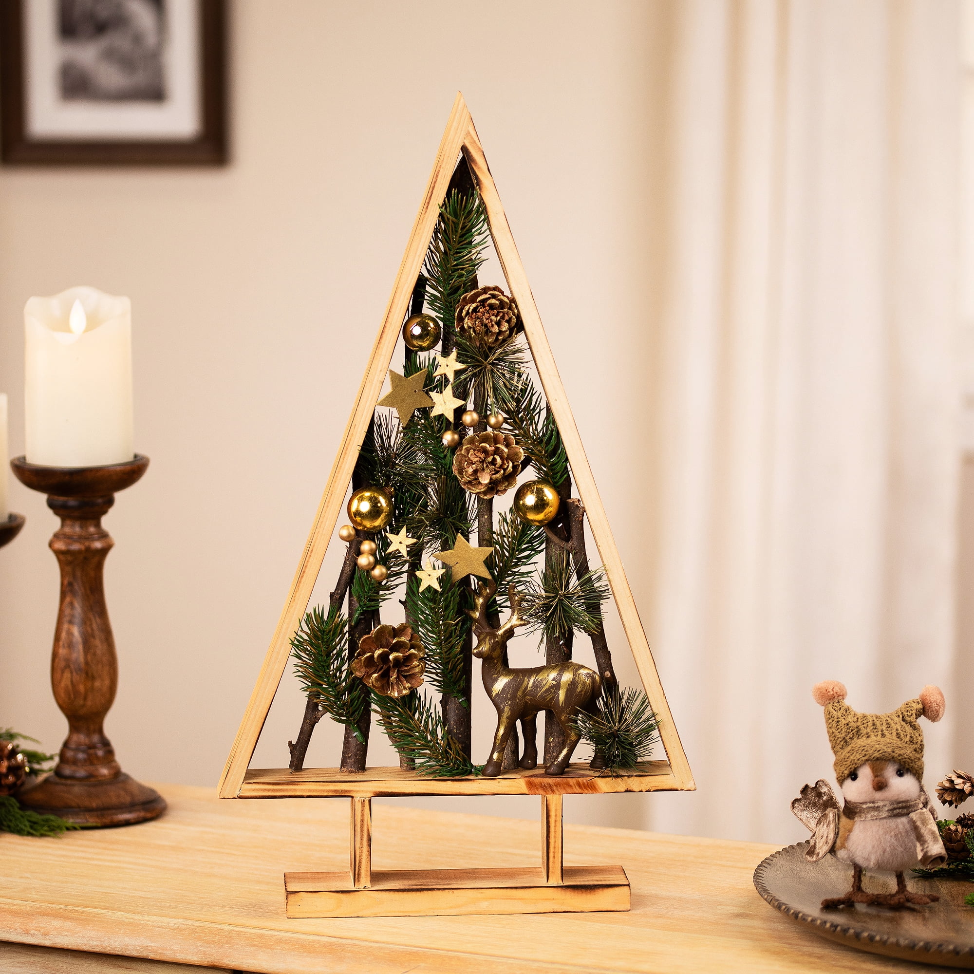 Reindeer and Pinecones Artificial Wooden Tree Christmas Decoration - 20.5"