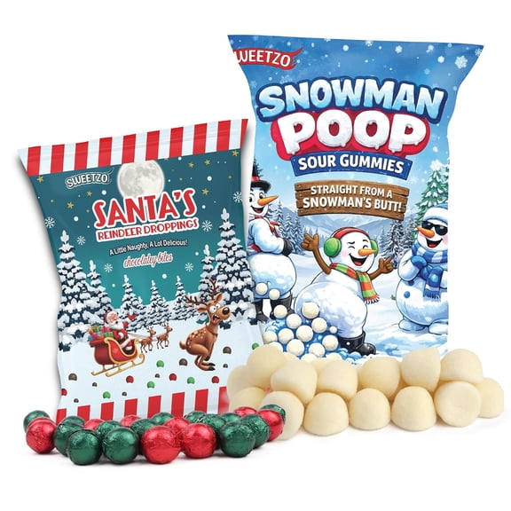 Reindeer and Snowman Poop Christmas Candy, Funny Stocking Stuffer Gag Gifts, Chocolatey and Gummy Candies, 2 Pack