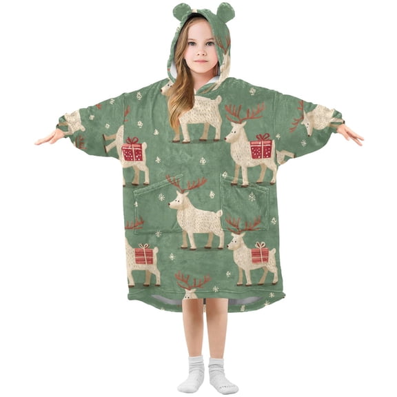 Reindeer with Christmas Gift on Back Flannel Wearable Blankets Hooded Design Long Sleeves Wrap Unisex for 3T-14Y S