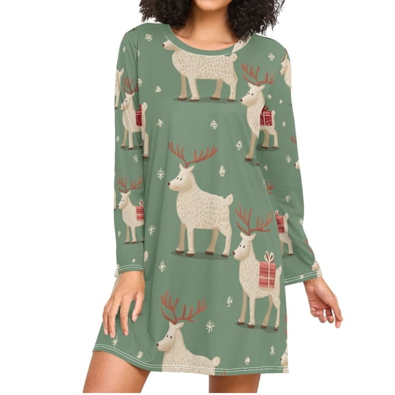 Reindeer with Christmas Gift on Back Women's Long Sleeves Nightgowns Sleepwear Soft Pajama A-line Sleep Dress XXL