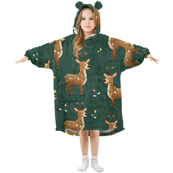 Reindeer with Colorful Lights and Leaves Christmas Flannel Wearable Blankets Hooded Design Long Sleeves Wrap Unisex for 3T-14Y S