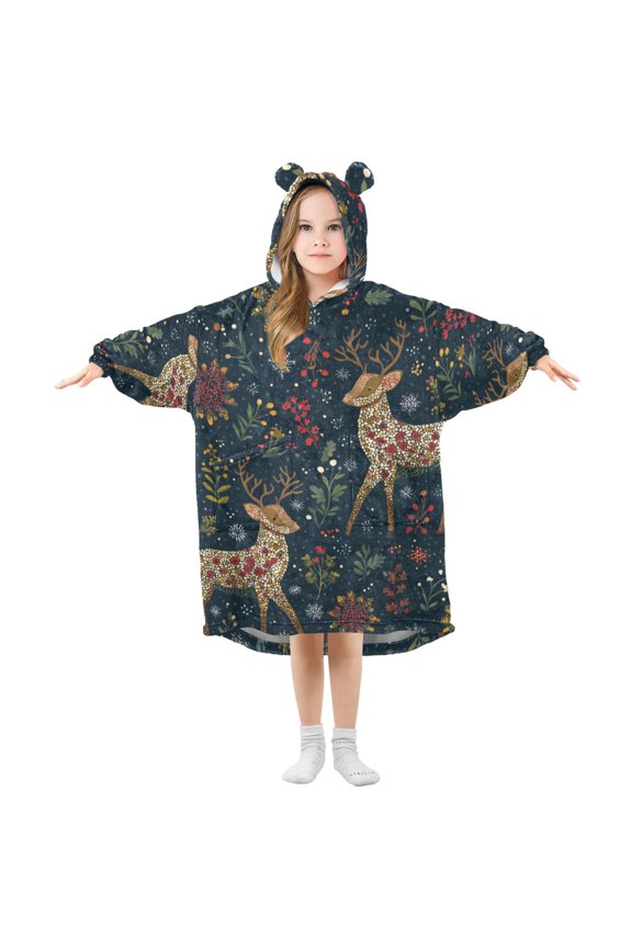 Reindeer with Elegant Print Snow Leaves Christmas Flannel Wearable Blankets Hooded Design Long Sleeves Wrap Unisex for 3T-14Y S