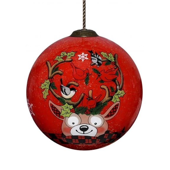 Reindeer with Plaids & Cardinals Hand Painted Mouth Blown Glass Ornament, Multi Color