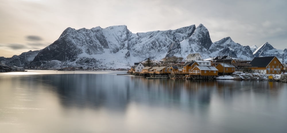 Reine and Sakrisoy villages at waterfront during sunset Lofoten Nordland Norway Canvas Art - Panoramic Images (12 x 24)