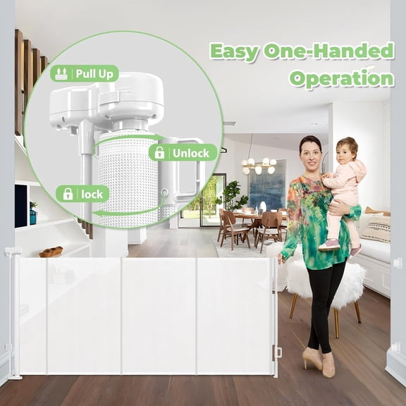 Reinforced 120 Inch Extra Long Retractable Baby & Dog Gate with Support Rods Prevents Crawling Under, 10 Ft Wide for Large Openings, Indoor/Outdoor Gate, White