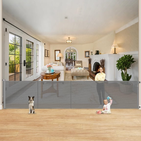 Reinforced 42" Extra Tall Retractable Gate-crawling Under  200" Pet Gates For Wide Openings 16ft No Bottom Bar Indoor/outdoor Gate