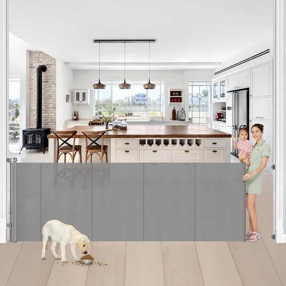 Reinforced 42” Tall x 100” Wide Retractable Baby Gates Extra Tall Dog Gate with Rods to Prevent Crawling Through, Pet Gate for Large Openings Extra Wide Mesh Baby Gate for Stairs, Gray