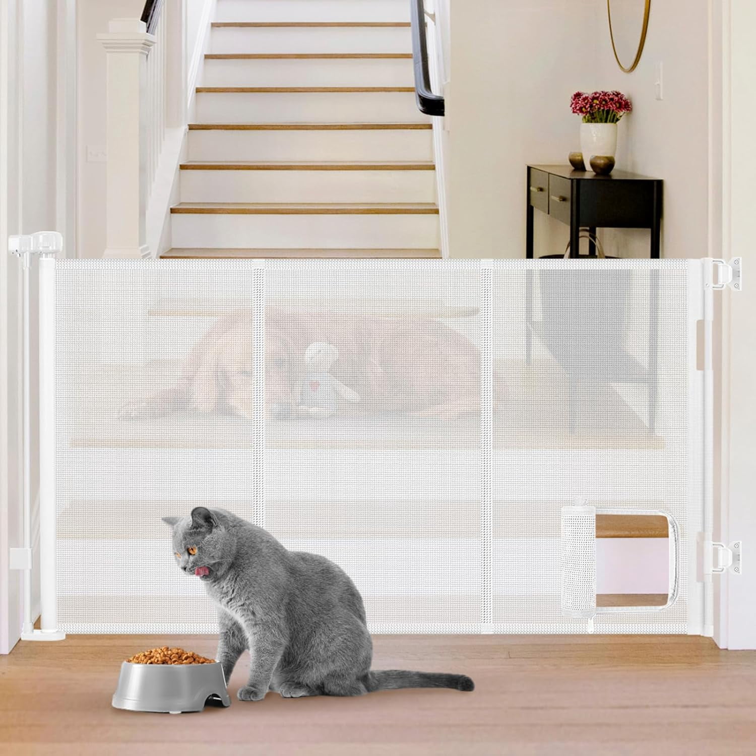 Reinforced 60”Wide Retractable Pet Gate with Cat Door Mesh Baby Gate for Stairs with Reinforced Strips Retractable Dog Gates with Cat Door Mesh Dog Gates for Doorways Separating Dogs from Cats, White