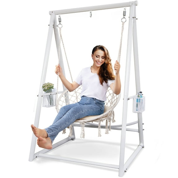 Reinforced Base & Triangular Structure Hammock Stand with 2 Storage Baskets, Swing Stand with 3 Hooks Fit for Most Hanging Chair for Oudoor&Indoor (Stand Only) (White)