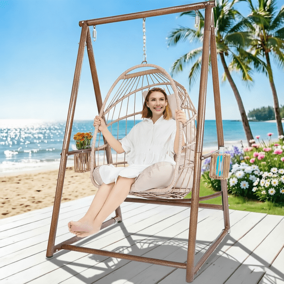 Reinforced Base & Triangular Structure Hammock Stand with 2 Storage Baskets, Swing Stand with 3 Hooks Fit for Most Hanging Chair for Oudoor&Indoor (Stand Only) (Coffee)