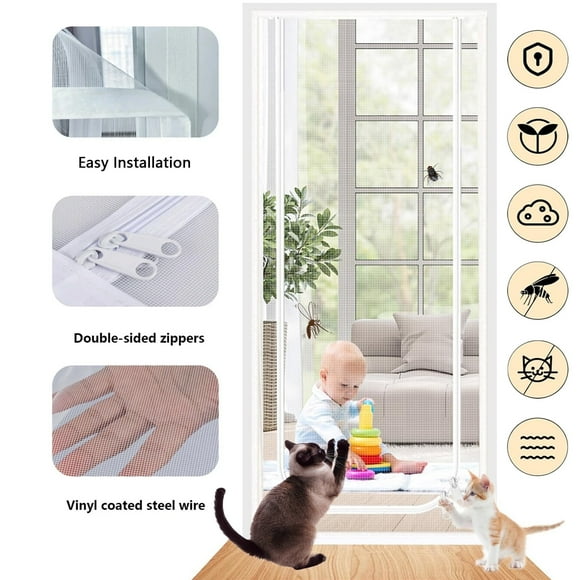 Reinforced Cat Screen Door, 32”X82” Cat Resistant Scratch Proof Mesh Screen Door with Zipper for Living Room,Kitchen,Bedroom, Living Room,Patio Door