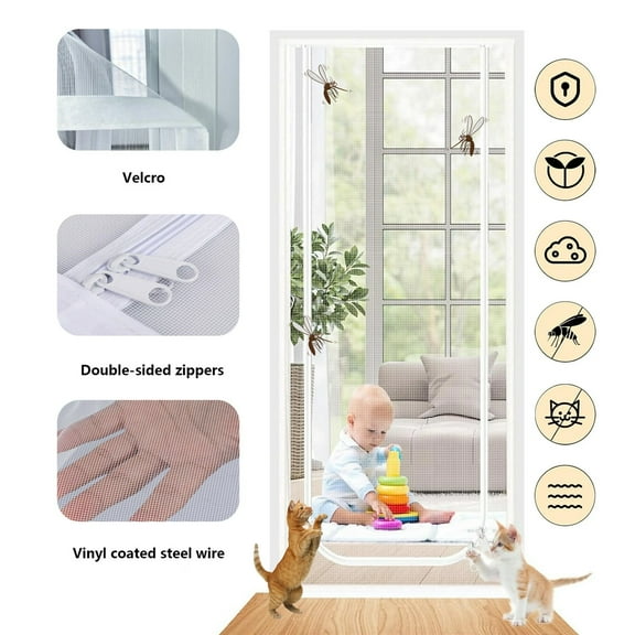 Reinforced Cat Screen Door, 33”X76” Cat Resistant Scratch Proof Mesh Screen Door with Zipper for Living Room,Kitchen,Bedroom, Living Room,Patio Door