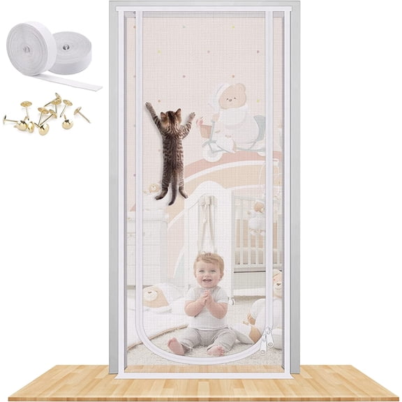 Reinforced Cat Screen Door, 35.5X82 Heavy Duty Pets Proof Screen Door with Bilateral Zipper, Prevent Dogs Cats Running Out from Home, Bedroom, Living Room, Kitchen Patio Doo