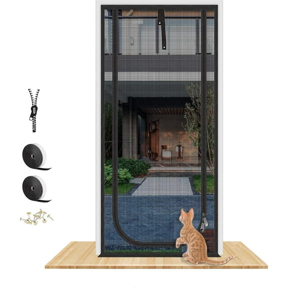 Reinforced Cat Screen Door,Fits Door Opening Size 32''x 80'',Thickened Cat Proof Screen Door Mesh with Zipper Closure for Living Room,Kitchen,Bedroom (U-Type,Black)