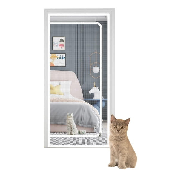 Reinforced Cat Screen Door Fits Door Size 80cm x 200cm, Heavy Duty Pets Proof Screen Door with Zipper, White