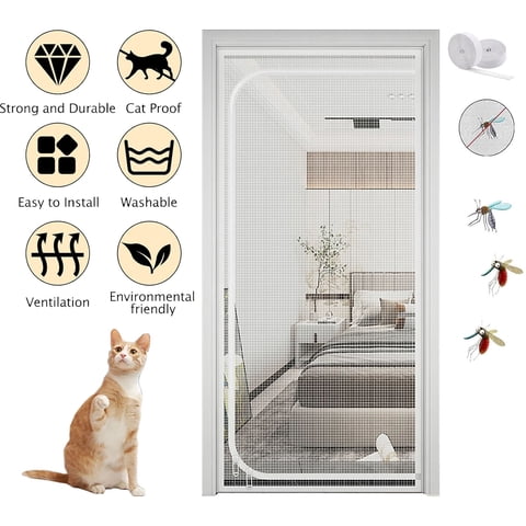 Reinforced Cat Screen Door, Heavy Duty Pets Proof Screen Door with Bilateral Zipper and Loops, Durable Thickened Cat Resistant Mesh Screen Door for Home, Bedroom, Living Room, Kitchen Patio Door