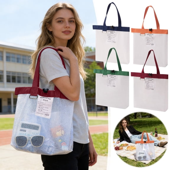 Reinforced-Handle Stain-Resistant Waterproof Clear Mesh Tote Bag - Large Capacity Back-to-School Storage for Dorm Locker Organization, Perfect Year of the Horse & Home Necessity, Navy