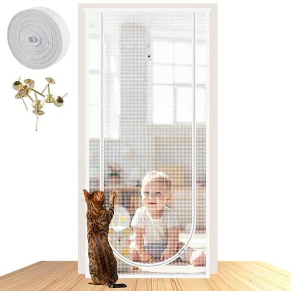 Reinforced Mesh Screen Zipper Closure 32''x 82'' Keep Pet Cat In&Out Door Curtain Anti-mosquito for Living Room Bedroom Kitchen
