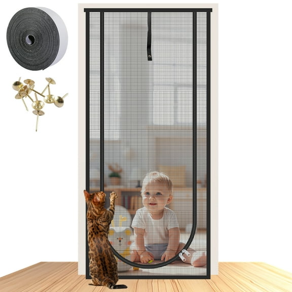 Reinforced Mesh Screen Zipper Closure 32''x 82'' Keep Pet Cat In&Out Door Curtain Anti-mosquito for Living Room Bedroom Kitchen
