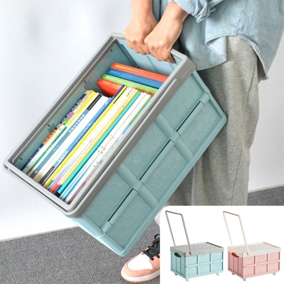 Reinforced Plastic Closet Organizer Storage Bin | Large Flat Mobile Container for Bedding Clothes Toys | Foldable Heavy Duty Moving Box Blue Pink | 42x29x24cm | 1Pc