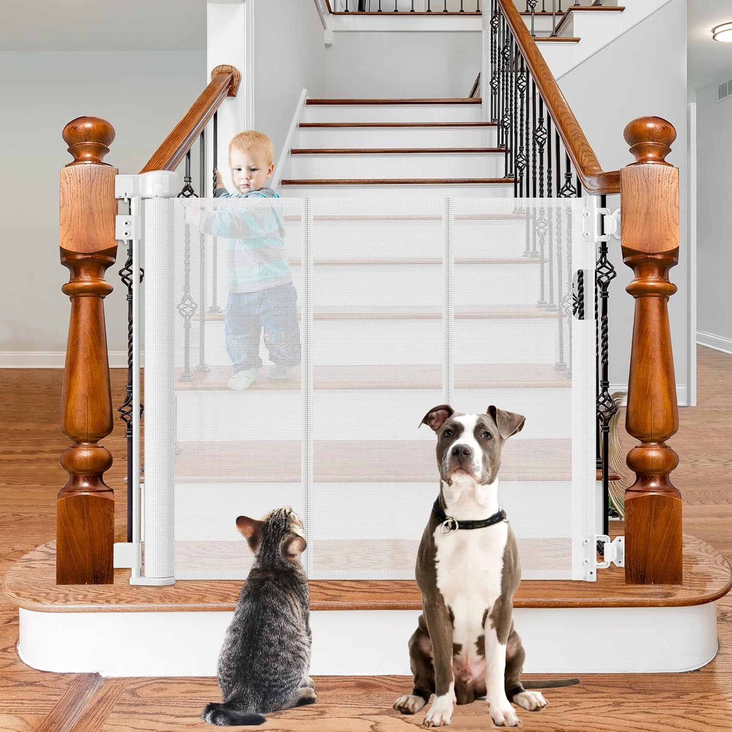 Reinforced Retractable Baby Gate for Stairs 55 Inch Dog Gate for