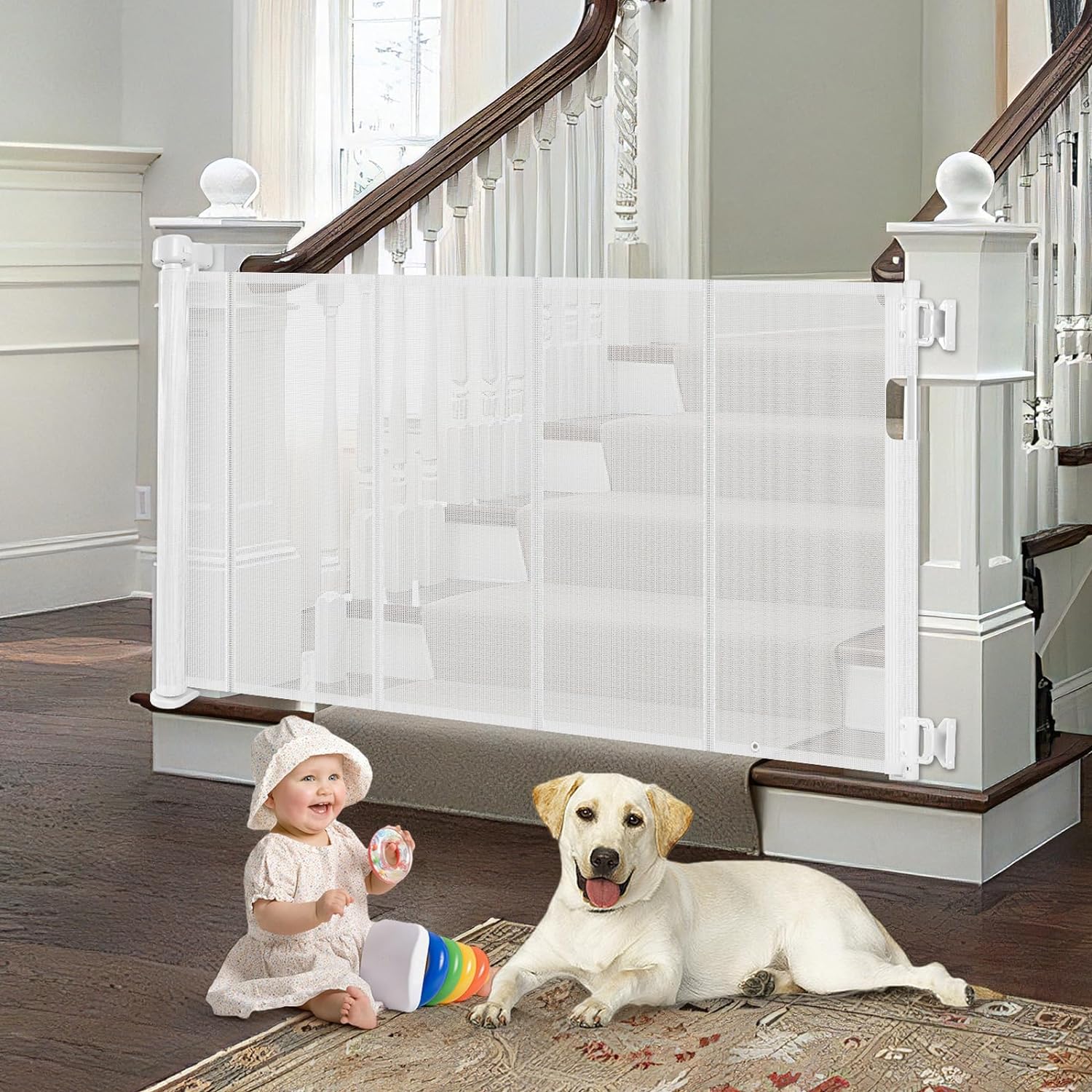 Reinforced Retractable Baby Gate for Stairs with Support Rods, Extends