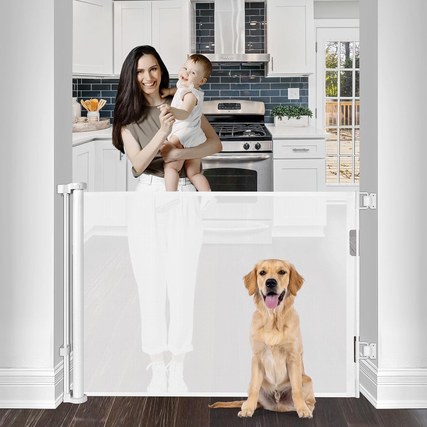 Reinforced Retractable Dog Gate for Stairs, 55 Inch Baby Stair Gate to