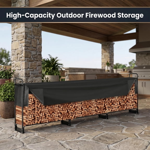 Reinforced Steel 152Inch Outdoor Firewood Rack With Cover, 881Lbs Stable Log Storage Holder, 600D Oxford Moistureproof Firewood Organizer For Ranch Hunting Lodge