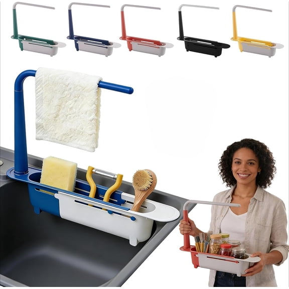 Reinforced Telescopic Sink Caddy Organizer, No-Sag Expandable Sponge Holder with High Towel Bar, Ventilated Drainage Tray for Kitchen