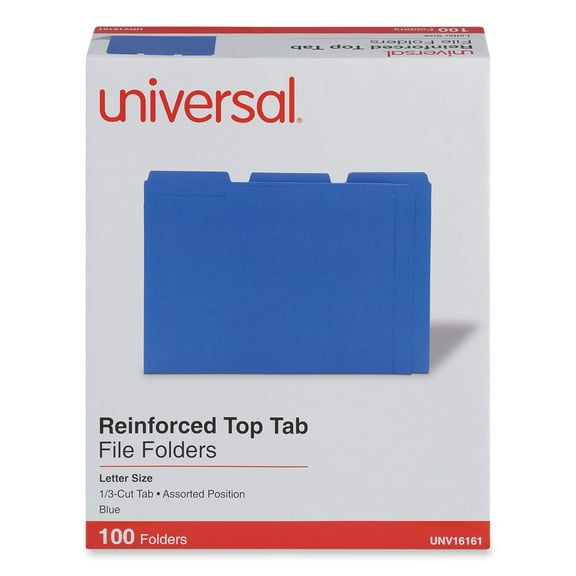 Universal UNV16161 Reinforced 1/3-Cut Assorted Top-Tab File Folders - Letter Size, Blue (100/Box)