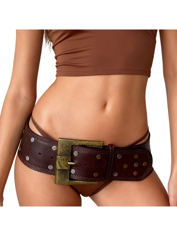 Reinforced Wide Belt Triple Row Rivets Soft PU Adjustable for Casual Wear