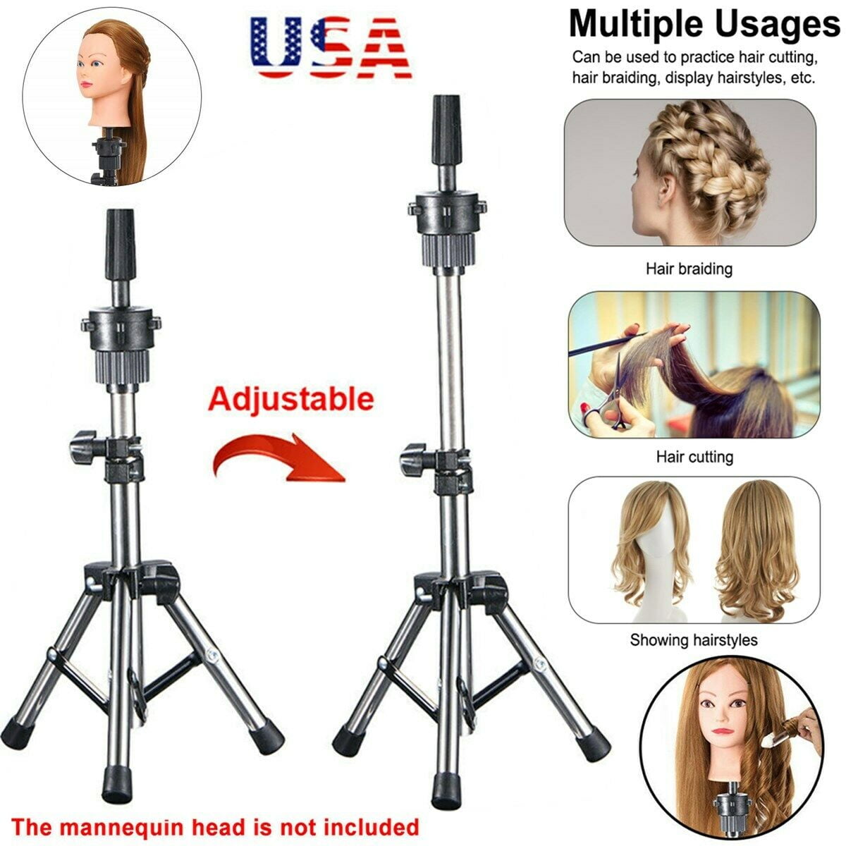 Reinforced Wig Stand Tripod Mannequin Head Stand, Adjustable Wig Head Stand  Holder for Cosmetology Hairdressing Training 