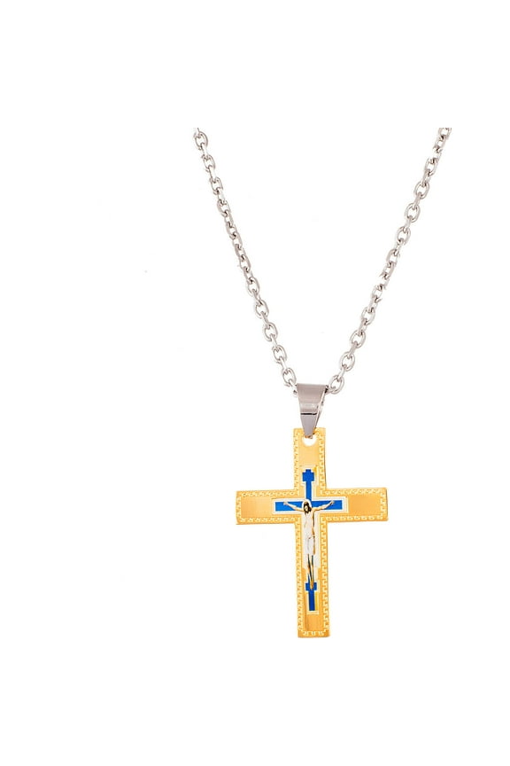24" Greek Key Cross Necklace in Two-Tone Stainless Steel for Men