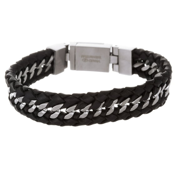 Reinforcements Interlocked Curb Chain & Black Leather Bracelet in Stainless Steel for Men