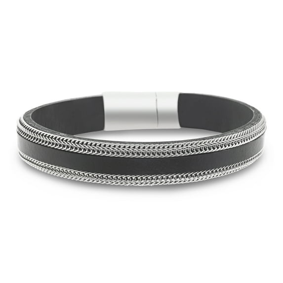 Reinforcements Men's Black 7" Leather Steel Border Magnetic Bracelet in Stainless Steel
