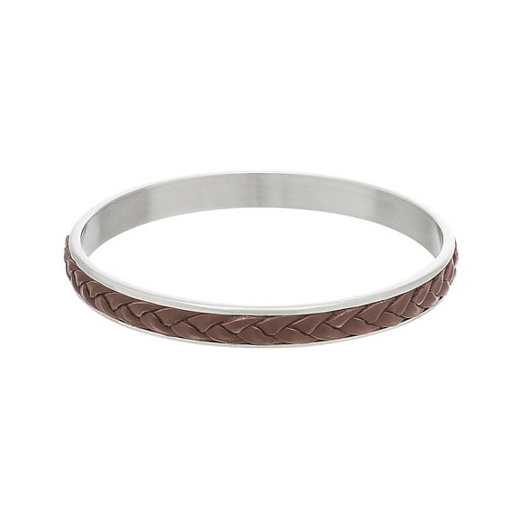 Reinforcements Men's Braided Brown Leather On Polished 8.5" Bangle Bracelet in Stainless Steel