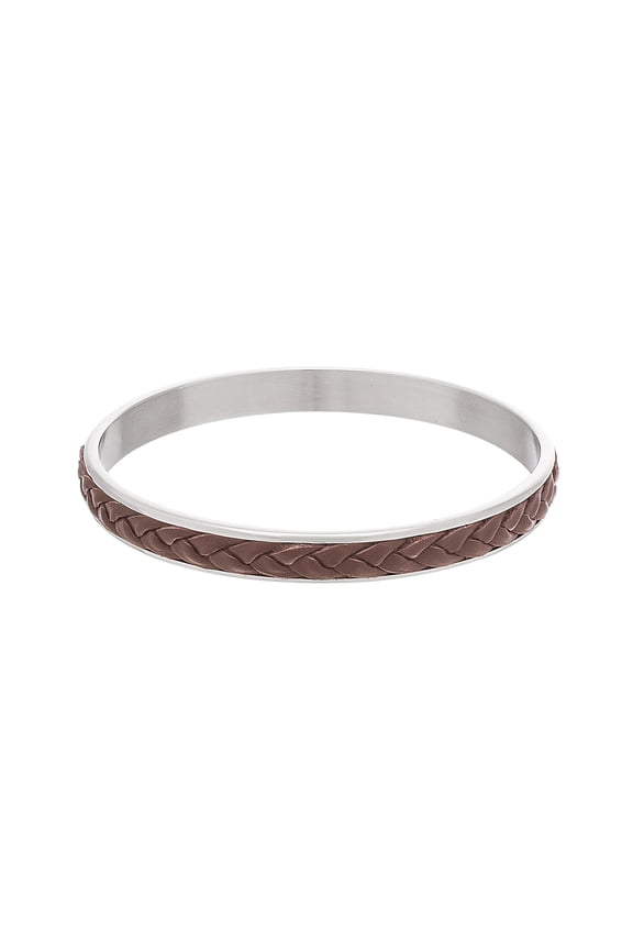 Men's Braided Brown Leather On Polished 8.5" Bangle Bracelet in Stainless Steel