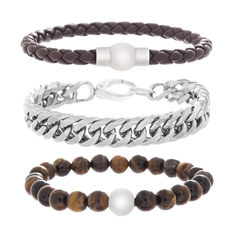 Black, Nacy And White Leather Gold Chain Link Bracelets All 3 For One Price Gold Black Leather Chain Magnetic Bracelet | White House  main image 2