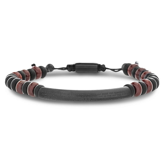 Reinforcements Simulated Red Garnet Prayer Tube Station 7.5" Beaded Adjustable Slider Bracelet in Black IP Plated Stainless Steel for Men