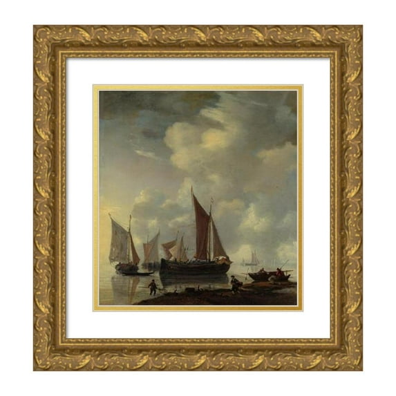 Reinier Nooms 15x16 Gold Ornate Wood Frame and Double Matted Museum Art Print Titled - Coast Scene (Mid-17th Century)
