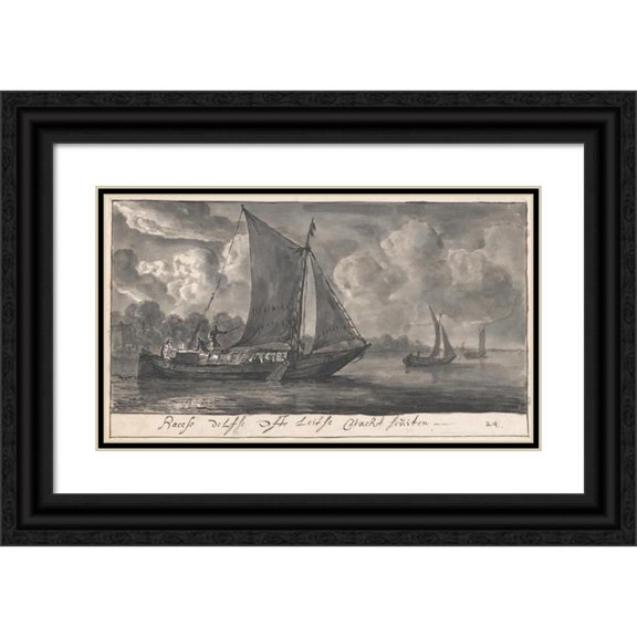 Reinier Nooms 18x12 Black Ornate Wood Framed Double Matted Museum Art Print Titled - Night Ferries to the Hague, Delft and Leiden (ca. 1652-54)