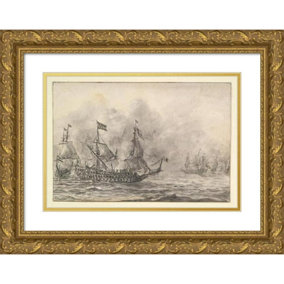 Reinier Nooms 24x17 Gold Ornate Framed and Double Matted Museum Art Print Titled - Naval Battle (Mid-17th Century)
