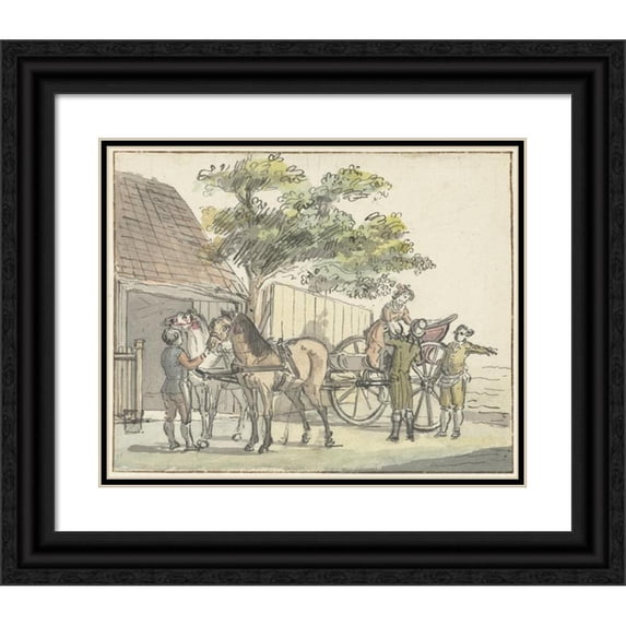 Reinier Vinkeles 14x12 Black Ornate Wood Framed Double Matted Museum Art Print Titled: Car with Two Horses at the Uitvolt De Donker Kuil Near Haarlem (1815)