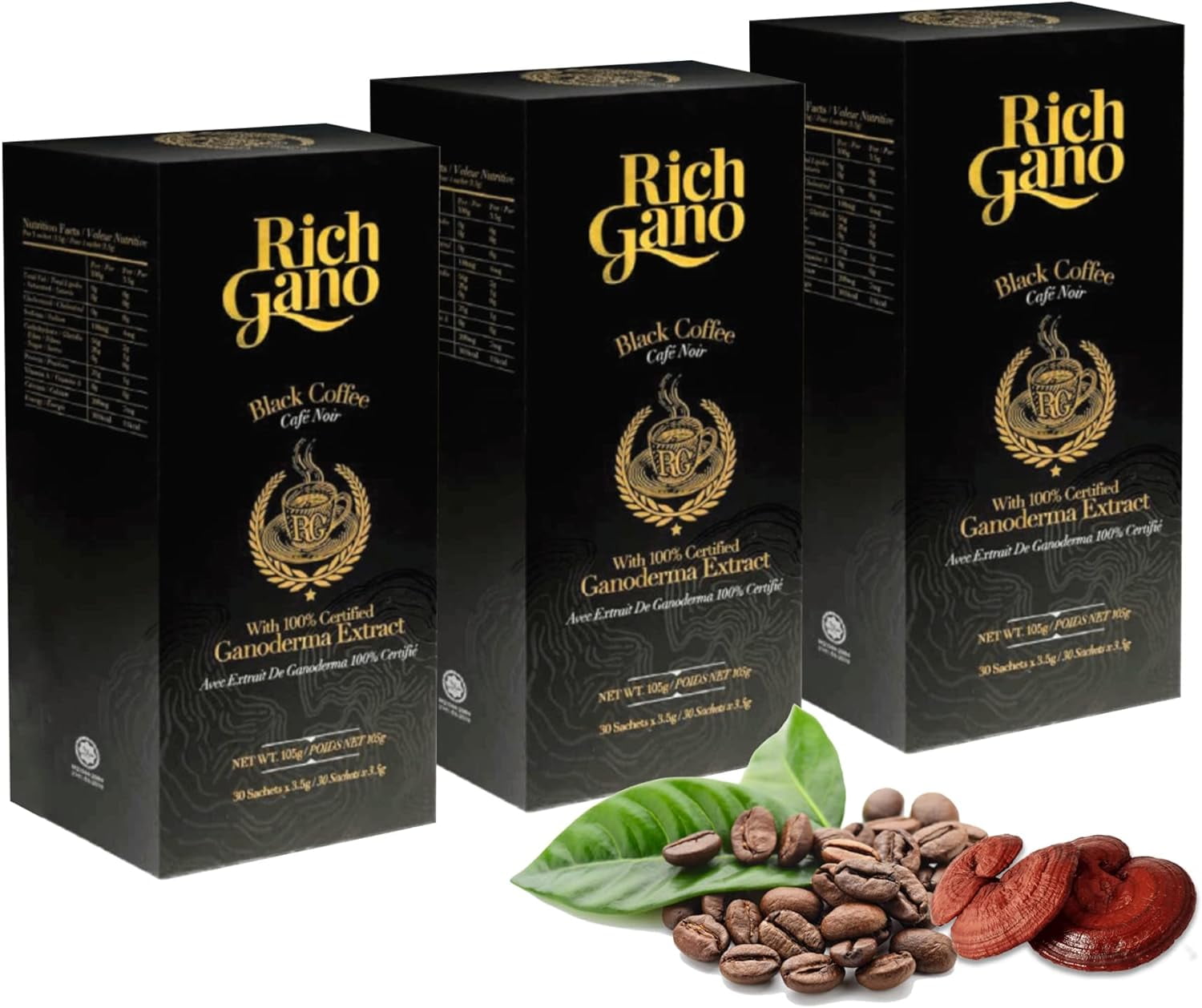 Reishi Mushroom Coffee (3 Boxes of 30 Sachets) Black Coffee with