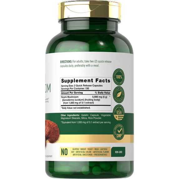 Reishi Mushroom Extract 5000mg | 300 Capsules for Men and Women | by Carlyle
