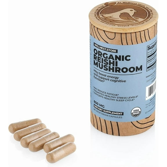 Reishi Organic Mushroom Supplement Capsules | Ganoderma Extract, Immune Support Supplement | Boosts Energy, Fights Fatigue & Supports Cognitive Function | Mushroom Extract Capsules (60)