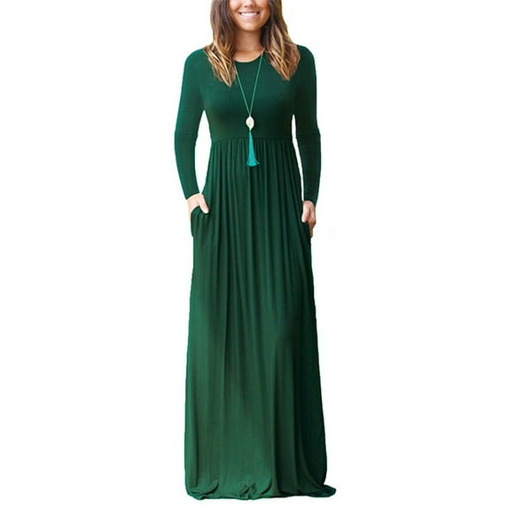 Rejlun Ladies Maxi Dresses Crew Neck Dress Solid Color Swing Sexy Holiday Blackish Green S