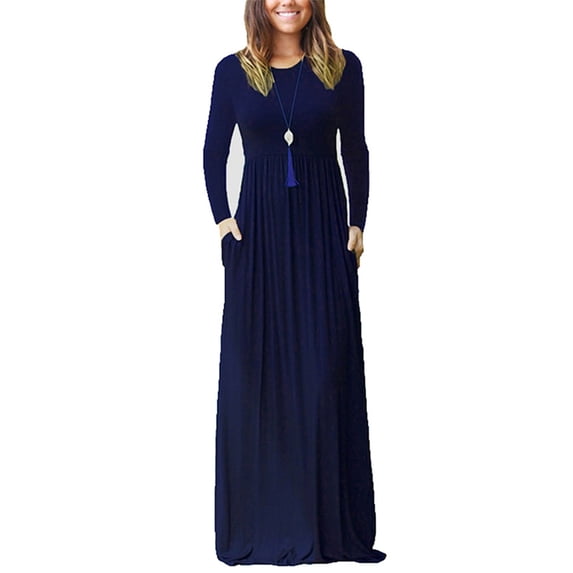 Rejlun Ladies Maxi Dresses Crew Neck Dress Solid Color Swing Sexy Holiday Navy Blue XL